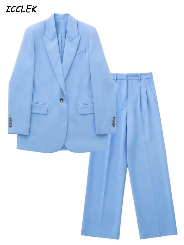 Women's Trouser Suit Blue Blazer Pant Suits Spring Women's Formal Outfits Office Lady Pants Sets One Button Spring Blazer Jacket