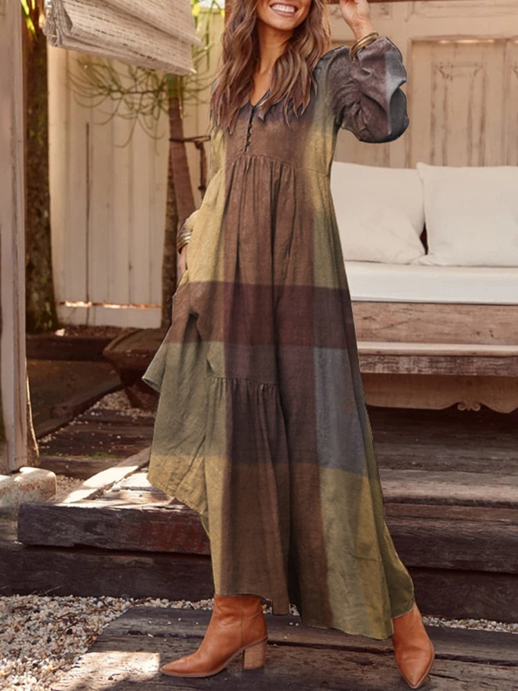 ชุดเสื้อโบฮีเมียนสตรี Maxi Sundress ZANZEA 2023 ฤดูใบไม้ผลิสบายๆ V คอ Ruflle Vestido หญิงแขนยาว Tunic Robe