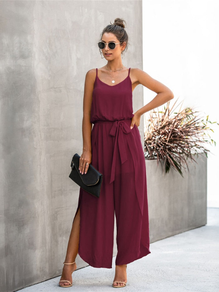 New Summer Sexy Backless Wide Leg Jumpsuit Women Bandage Side Split Hem Rompers  Women's Clothing Jumpsuit Women  Jumpsuits