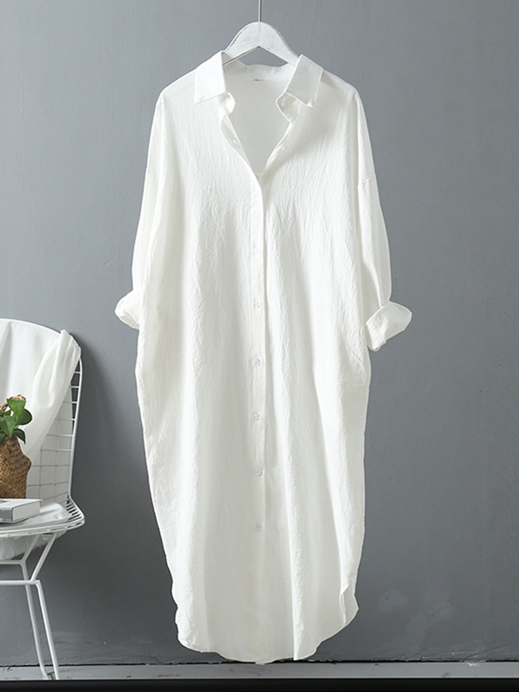 Syiwidii ​​ยาวชุดเสื้อเชิ้ตสีขาวสำหรับผู้หญิงผ้าลินินผ้าฝ้าย 2023 ฤดูใบไม้ผลิฤดูร้อนสบายๆเสื้อผ้าเกาหลีวินเทจขนาดใหญ่ MIDI เสื้อคลุม