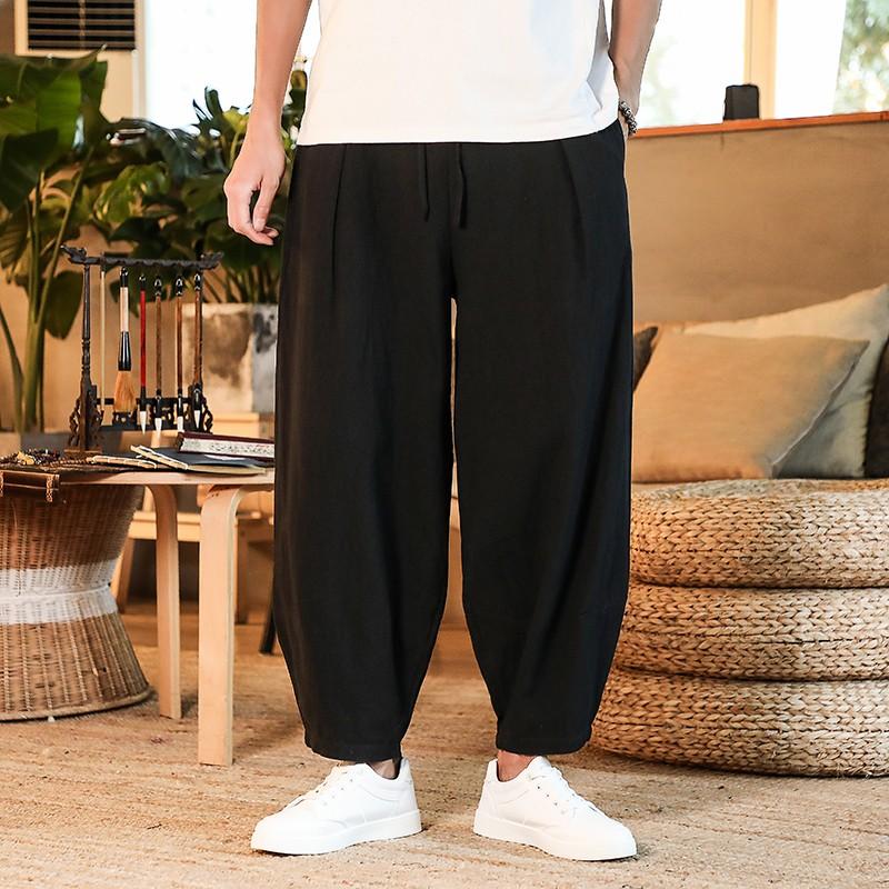 Japanese Loose Men&#39;s Cotton Linen Pants Male Summer New Breathable Solid Color Linen Trousers Fitness Streetwear Plus Size M-5XL