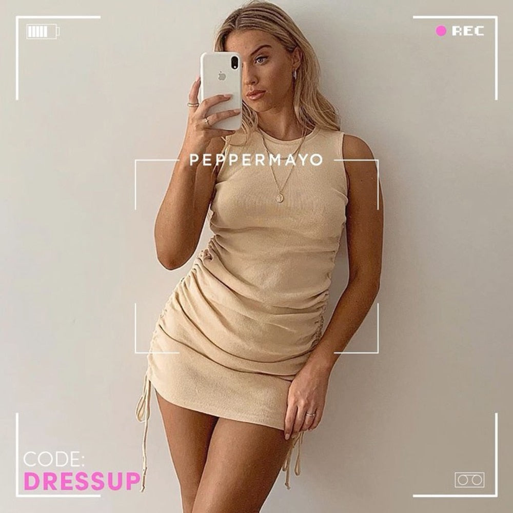 Women Ribbed Elastic Mini Dress Ruched Drawstring Adjustable Length Vestidos Sexy Party O-Neck Summer Bodycon Club Wear