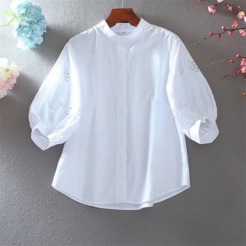 Pure Cotton Embroidery Blouses For Women Shirt Half Sleeve Hollow Female Shirt Stand-up Collar Lantern Sleeve Blous Woman Shirt