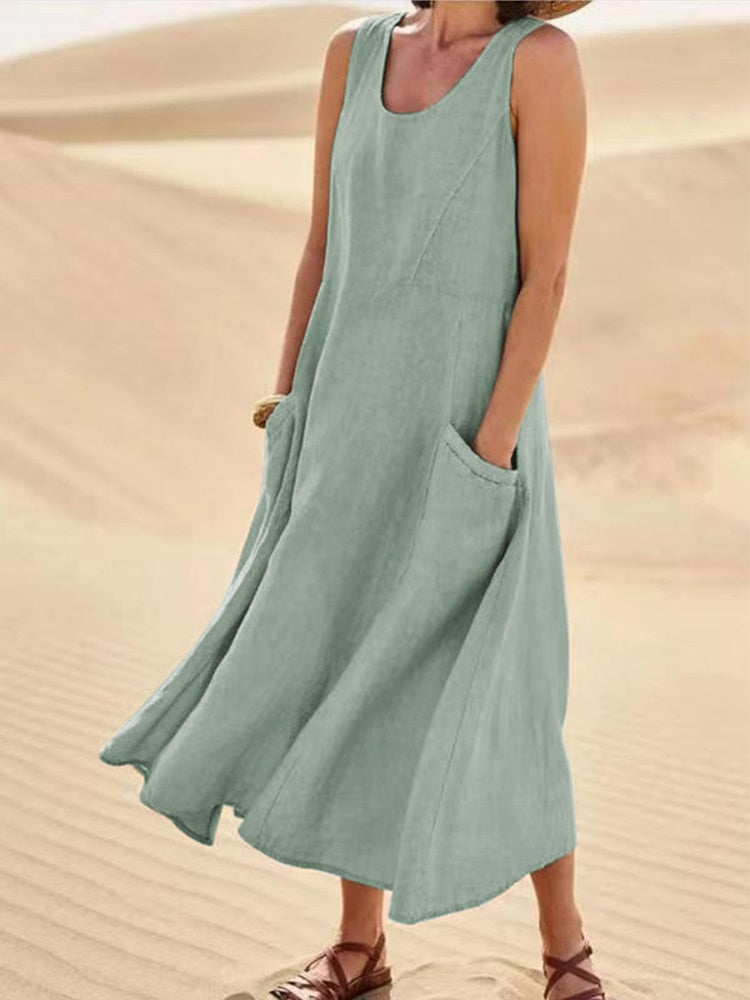Summer Women Sleeveless Sundress Elegant Round Neck Cotton Linen Solid Long Tank Dress Vintage Pockets Beach Vestidos