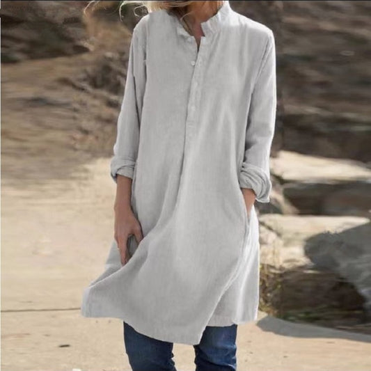 Women Cotton Linen Solid Casual Dress Autumn Long Sleeve Loose Dress Elegant Single Breasted Party Large Dress Oversize 5XL