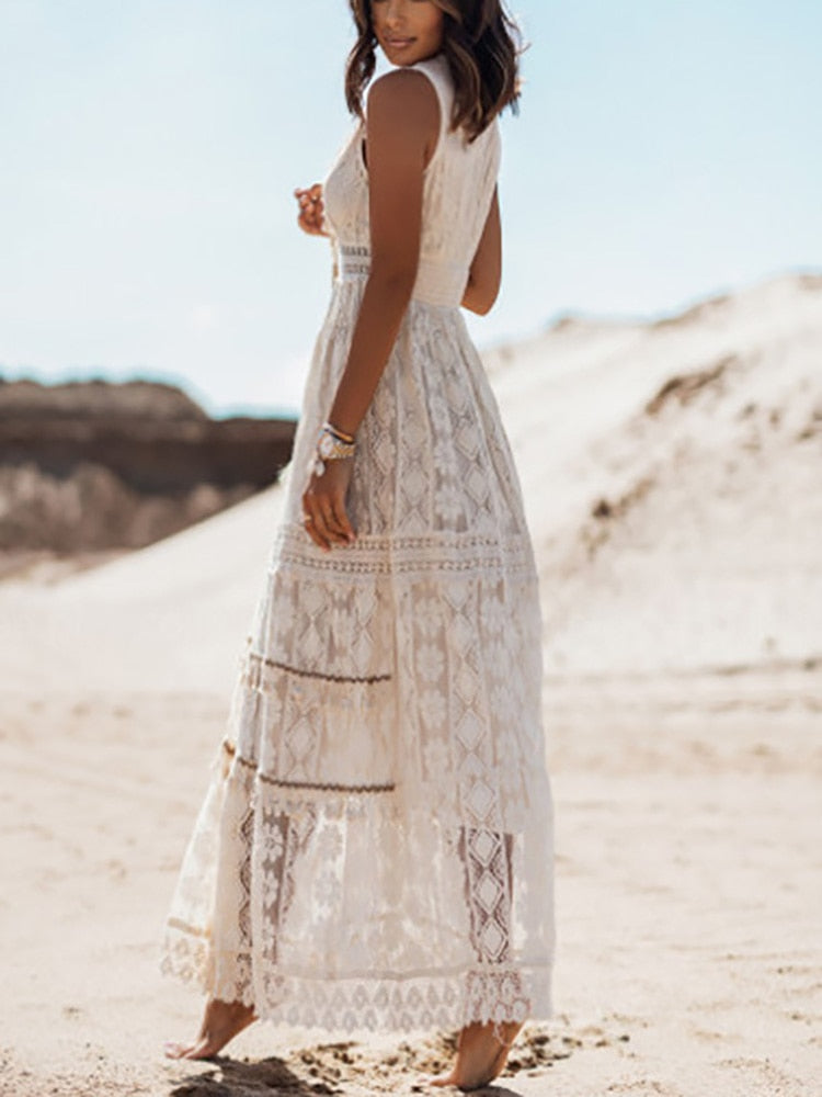 Lace Dress Women White Summer Sleeveless Dress Vintage Spaghetti Strap Dress Ladies Hollow Out Beach Long Dress Robe Longue 2023