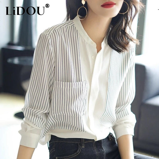 Spring Summer Elegant Fashion Stand Collar Striped Patchwork Long Sleeve Shirt Women Loose Casual Buttons All-match Blouse Top