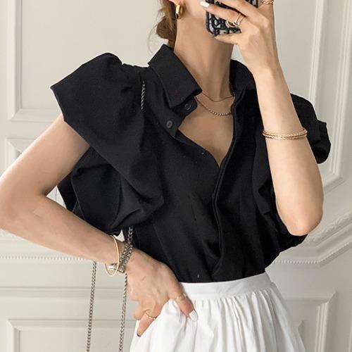 Casual Black Shirts Women Camisa Feminina Blusas Single Breasted Palace Style Puff Tops Lantern Short Sleeve Blouse Summer Shirt