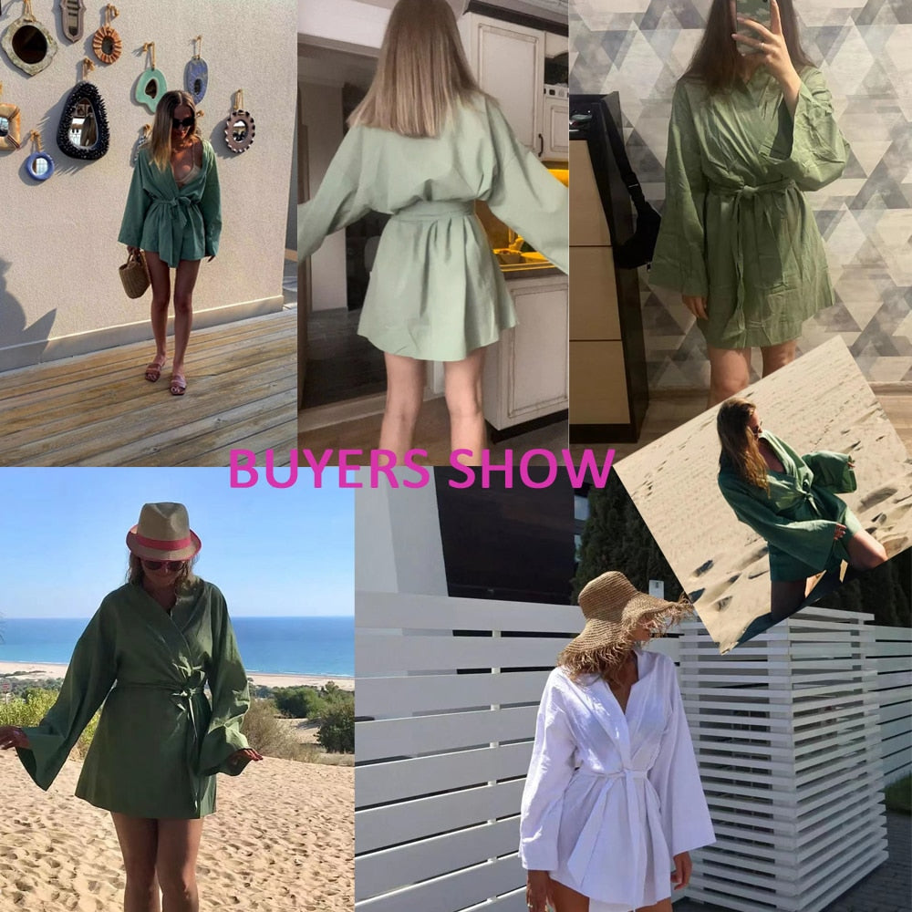 Women&#39;s V-Neck Kimono Cardigan Mini Dress Cotton Linen Long Sleeve Sashes Dresses Robe Style Lace Up Summer Loose Vestidos