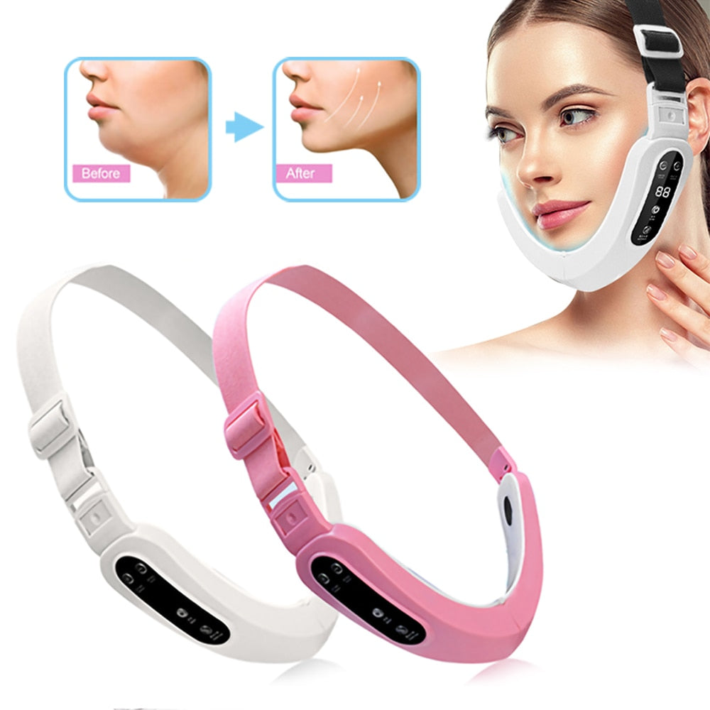 เครื่องกระชับสัดส่วนบนใบหน้า Double Chin Reducer Electric Face Slimming Massager V Shape Lift Device Belt Chin Fat Remover With LED Light