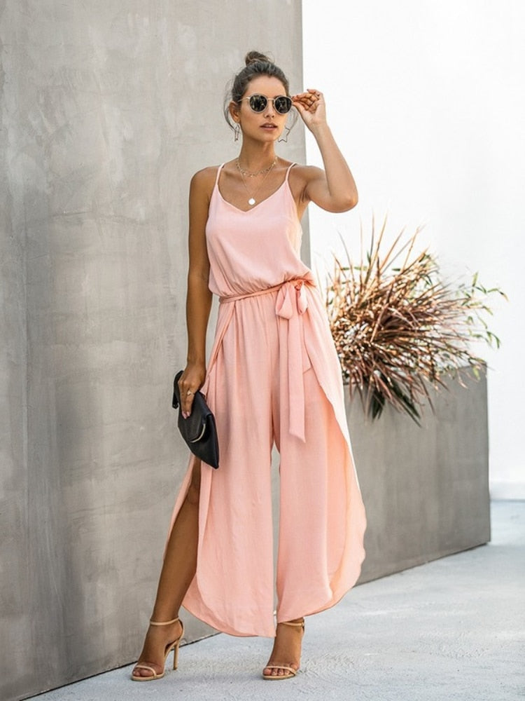 New Summer Sexy Backless Wide Leg Jumpsuit Women Bandage Side Split Hem Rompers  Women's Clothing Jumpsuit Women  Jumpsuits