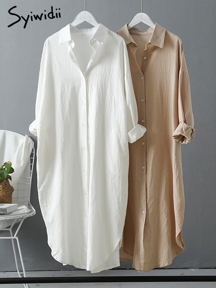 Syiwidii Long White Shirt Dress for Women Linen Cotton 2023 Spring Summer Casual Korean Clothing Vintage Oversized Midi Robe