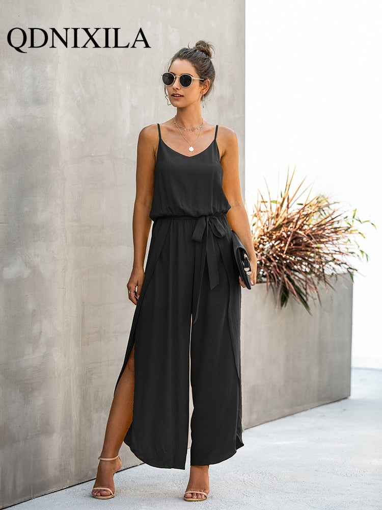 New Summer Sexy Backless Wide Leg Jumpsuit Women Bandage Side Split Hem Rompers  Women's Clothing Jumpsuit Women  Jumpsuits