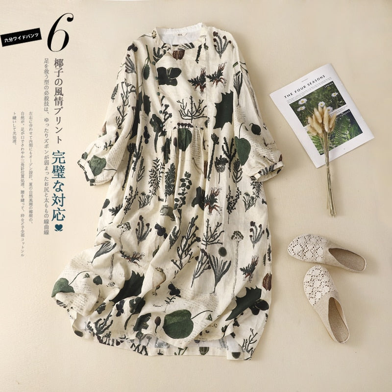 Plant Print Vintage Linen Thin Loose Waist Three Quarter Women's Dress O-Neck A-Line Mid-Calf Dresses For Women 2023 Spring