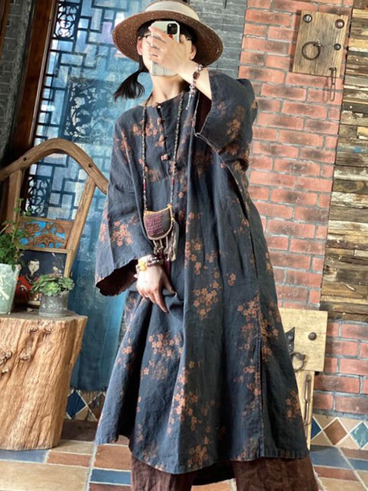 Johnature Women Vintage Linen Print Floral Dress O-Neck Button Robes 2023 Autumn New Bat Sleeve Chinese Style Female Loose Dress