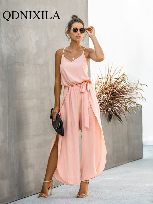 New Summer Sexy Backless Wide Leg Jumpsuit Women Bandage Side Split Hem Rompers  Women's Clothing Jumpsuit Women  Jumpsuits