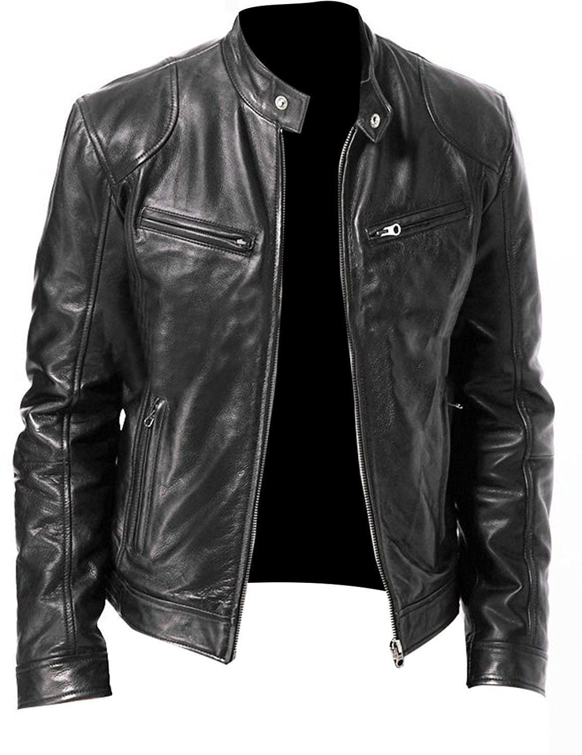 FF0001 Men Leather Jacket Plus Size Black Brown Mens Stand Collar Coats Leather Biker Jackets  Motorcycle Leather Jacket