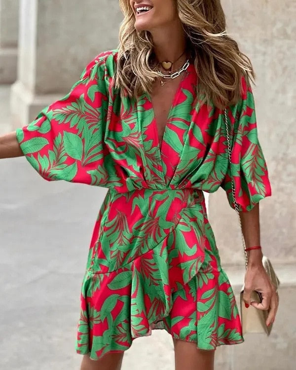 Autumn Summer Ruffled Dress Women Fashion Print Bat Sleeve V-neck Ruffled Mini Dress Women