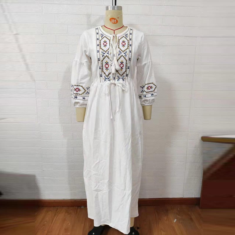 2022 Fashion Summer and Autumn Dress Pattern Embroidery Cotton Linen White Skirt Holiday Three-quarter Sleeve Long Skirt Party