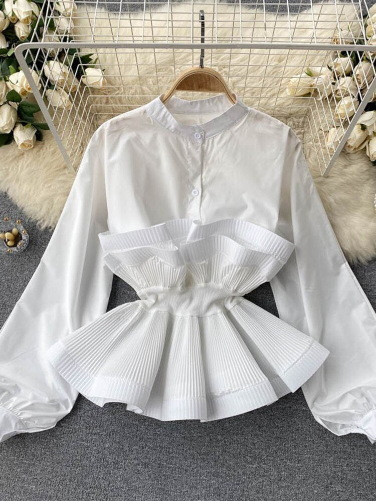 XFPV Women Puff Long Sleeve Shirt Pleated Ruffle Blouse Patchwork Temperament Y2k Top Slim Waist Shirt Sweet Korea Summer 2023