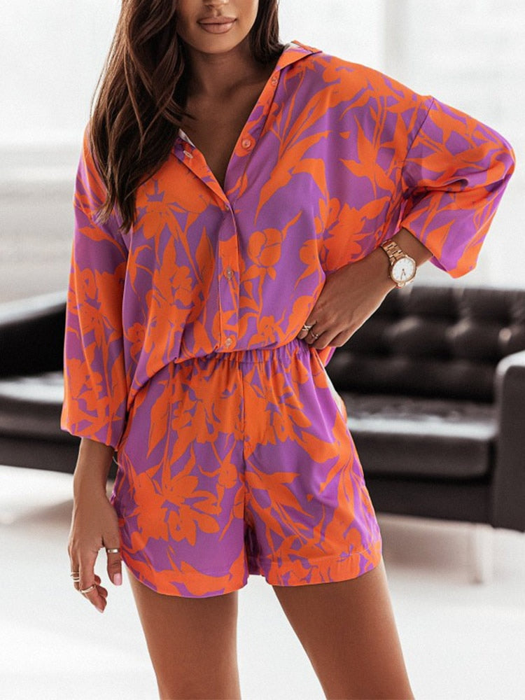 2023 Summer Print Shorts Suits Woman Vintage Long Sleeve Shirt And Short Pants Suit Two Piece Set Female Loose Casual Outfit
