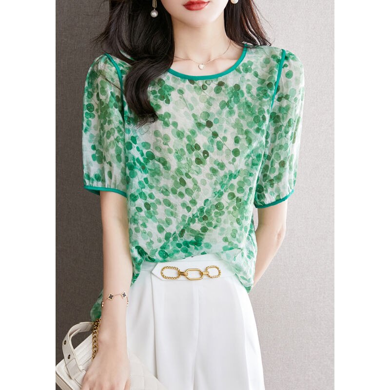 2022 Summer New Women's Clothing Korean Round Neck Printing Chiffon Shirt Fashion Casual Short Sleeve Spliced Lacing Blouses