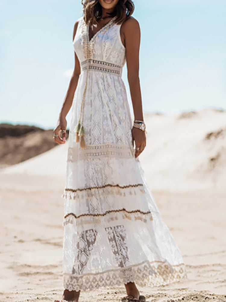 Lace Dress Women White Summer Sleeveless Dress Vintage Spaghetti Strap Dress Ladies Hollow Out Beach Long Dress Robe Longue 2023