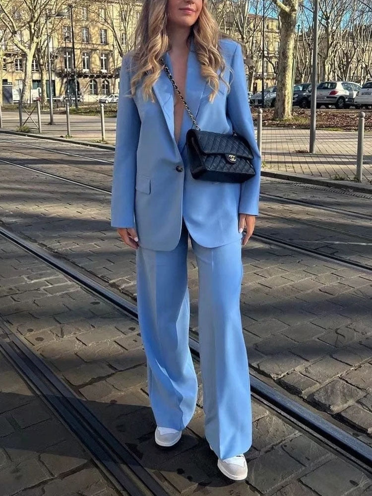 Women's Trouser Suit Blue Blazer Pant Suits Spring Women's Formal Outfits Office Lady Pants Sets One Button Spring Blazer Jacket