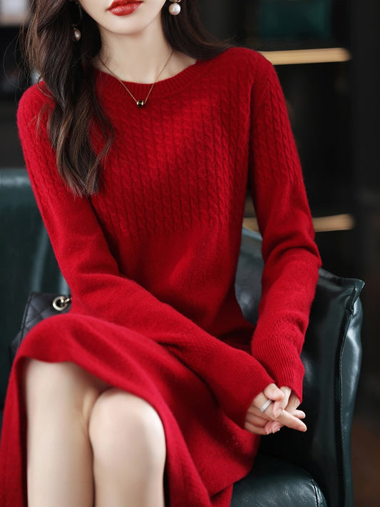Round Neck Cashmere Dress Women&#39;s Long Pullover Sweater Autumn And Winter New Knitted Knee-Length Pure Wool Dress