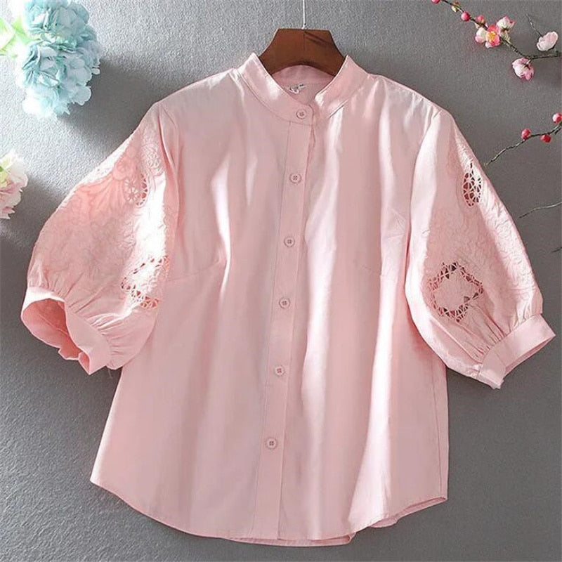 Pure Cotton Embroidery Blouses For Women Shirt Half Sleeve Hollow Female Shirt Stand-up Collar Lantern Sleeve Blous Woman Shirt