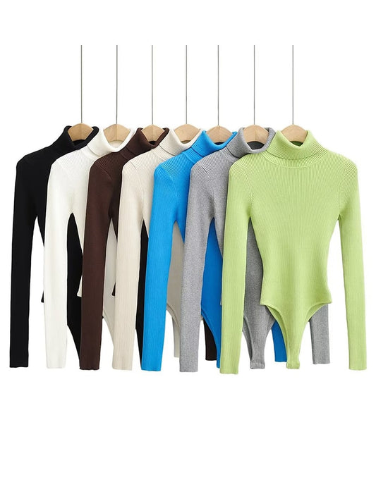 Long Sleeve Rib Knitted Bodysuit Women Turtleneck Stretchable Slim 7 Colors Jumpsuit