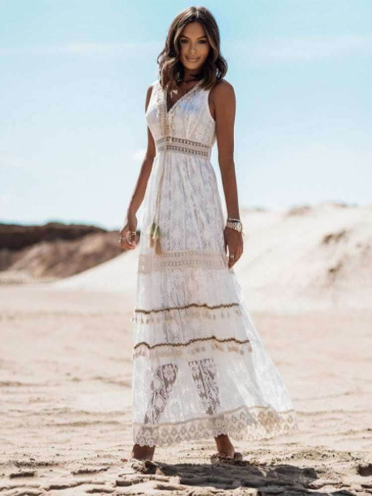 Lace Dress Women White Summer Sleeveless Dress Vintage Spaghetti Strap Dress Ladies Hollow Out Beach Long Dress Robe Longue 2023