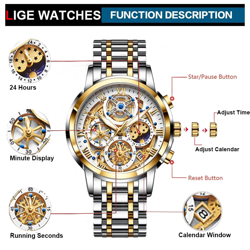 LIGE  Men Watch Top Brand Original Sports Quartz Mens Watches Full Steel Waterproof Chronograph Wristwatch Men Relogio Masculino
