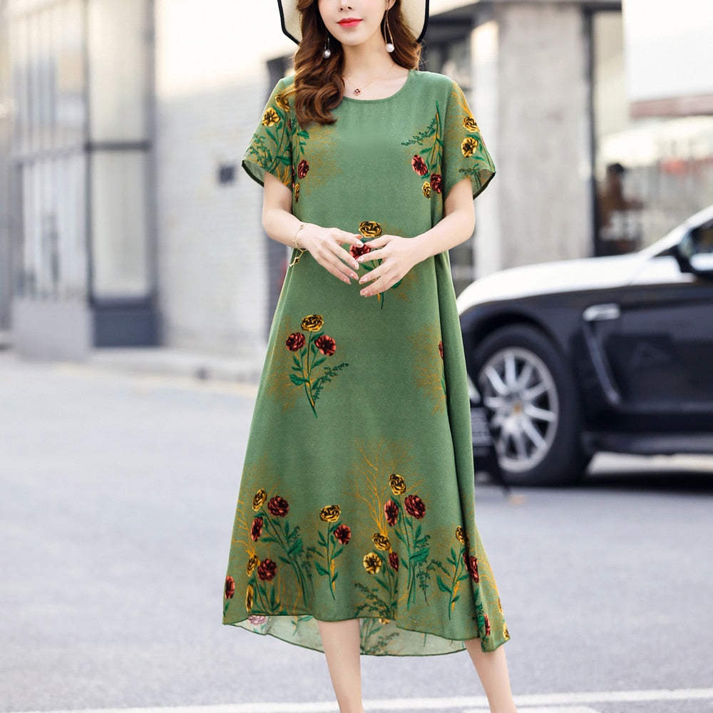 New 2022 Summer Dress For Long Vintage Loose Women Elegant Short Sleeve Dress Casual O-neck Dresses Printing Woman Clothing