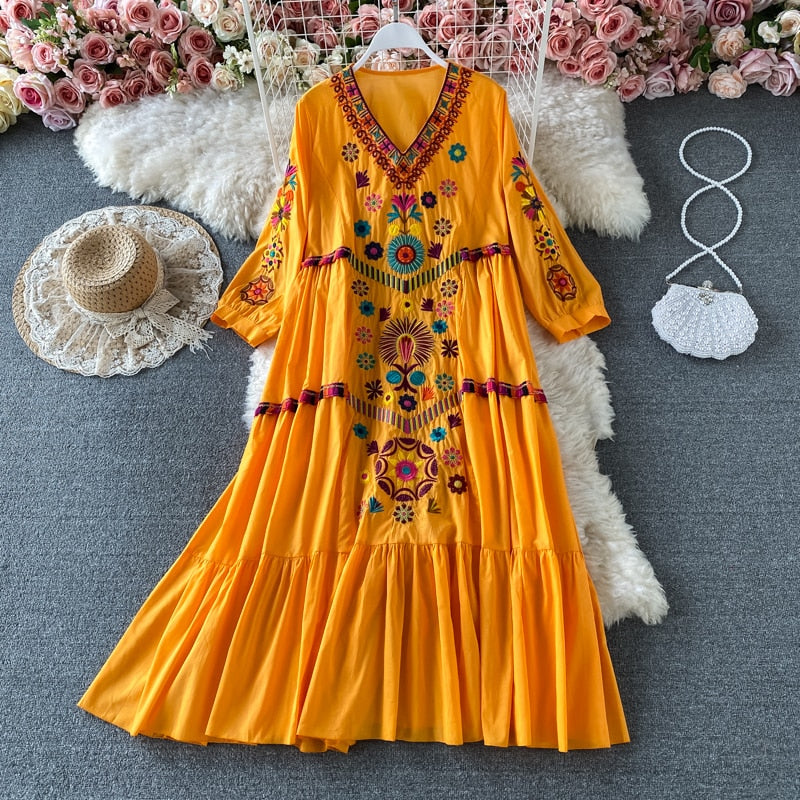 Vintage Chic Women  Floral Embroidery Beach Bohemian Mini Dress Ladies Short Sleeve V-neck Cotton and Linen Boho Dresses Vestido