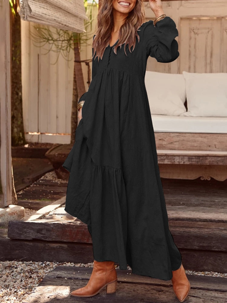 ชุดเสื้อโบฮีเมียนสตรี Maxi Sundress ZANZEA 2023 ฤดูใบไม้ผลิสบายๆ V คอ Ruflle Vestido หญิงแขนยาว Tunic Robe