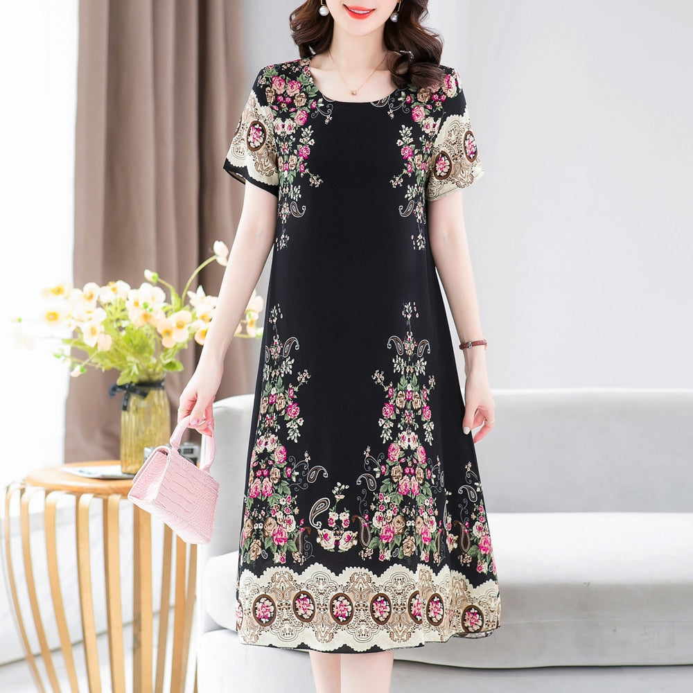 Summer Dress For Long Vintage Loose Women Elegant Short Sleeve Dress Casual O-neck Dresses Printing Woman Clothing