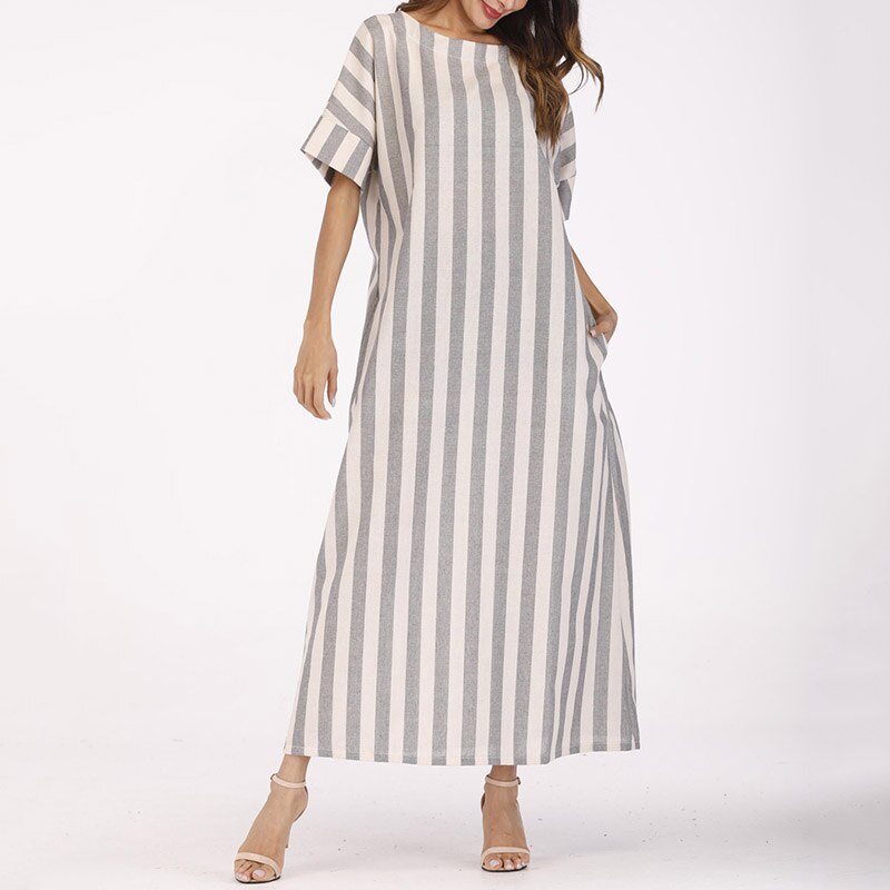 Womens Cotton Linen Dress Big size 5XL large size Kaftan Long Sleeve 2022 Summer Striped Women Large Size Long Maxi Boho Dresses