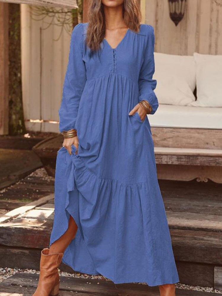Autumn Cotton Long Dress Women Retro Solid Color Maxi Dress Lantern Sleeve with Pocket Pleated Casual Dresses V Neck Robe Femme