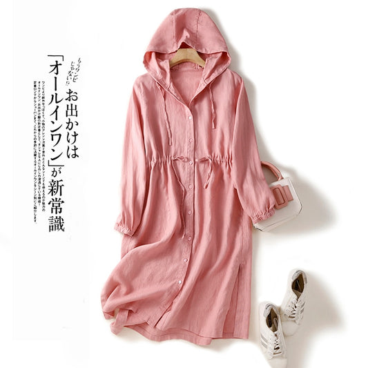 Pink Soild Casual Elastic Waist Linen Hooded Japanese Women's Dress Long Sleeve A-Line Knee-Length Dresses For Women 2023 Spring