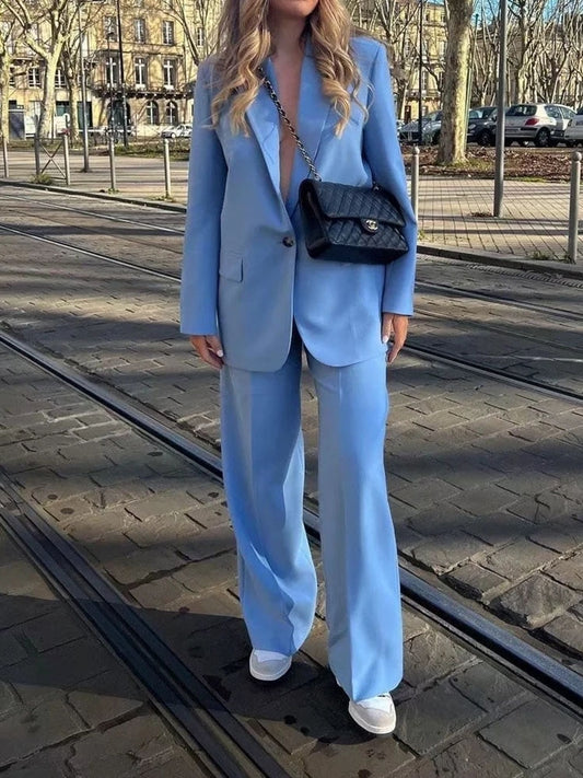 Women's Trouser Suit Blue Blazer Pant Suits Spring Women's Formal Outfits Office Lady Pants Sets One Button Spring Blazer Jacket