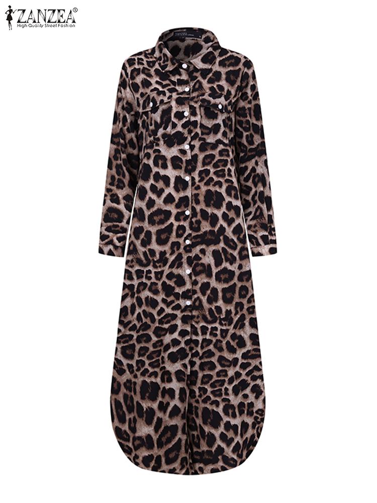 ZANZEA Party Vintage Leopard Robe 2022 Autumn Casual Long Sleeve Maxi Long Vestidos Dress Fashion Oversized Women Shirt Dress 1