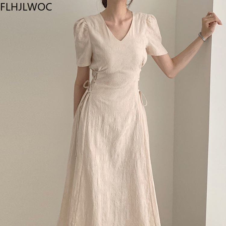 Cotton Linen Long Dress Summer Slim Waist A Line Temperament Lady Retro Vintage Cute Korean Chic Women Dresses Vestidos