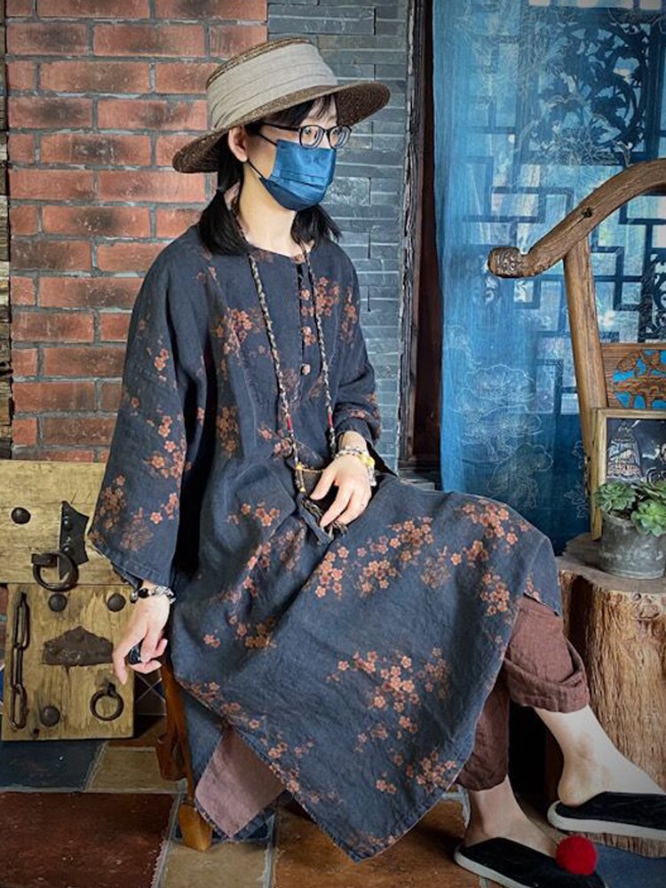 Johnature Women Vintage Linen Print Floral Dress O-Neck Button Robes 2023 Autumn New Bat Sleeve Chinese Style Female Loose Dress