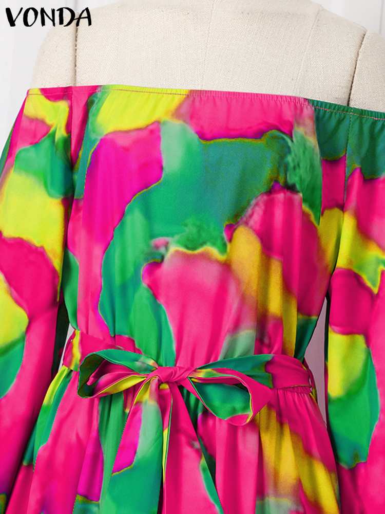 2022 VONDA Party Dress Oversize ผู้หญิงฤดูใบไม้ร่วงปิดไหล่ Maxi ชุดราตรี Bohemian Elegant Long Sundress พิมพ์ Vestido Robe