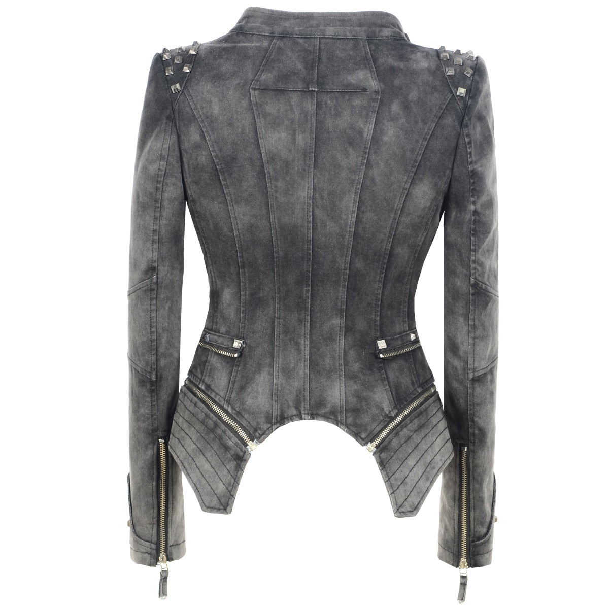 SX Gothic Grey PUNK Rivet Jackets Women Denim Jacket Spring Winter Zipper Motorcycle Outerwear