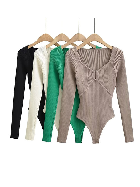 Women Long Sleeve Metal Buckle Square Collar Bodysuit Knitted Stretchable Slim 4 Colors Jumpsuits