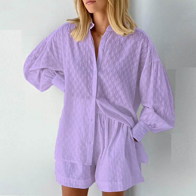 2023 New Beach Shirt Shorts Two-Piece Set Women Summer Casual Tracksuit Female Loose Long Sleeve Top Suit Lounge Wear Homewear