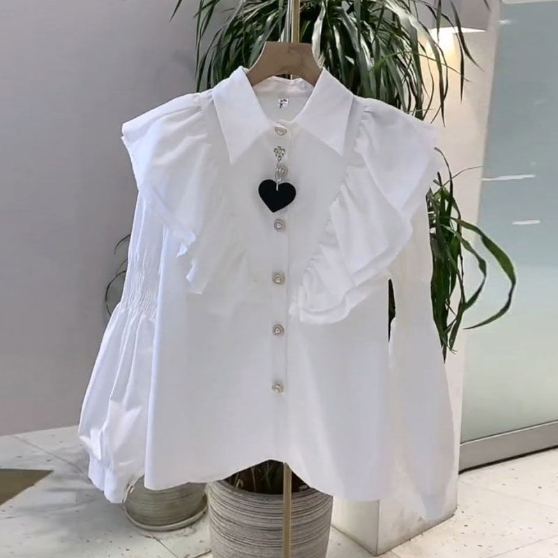 Camisas De Mujer Chic Top Blusas Femininas Elegantes OL White Long Sleeve Shirt Ruffled Turn Down Collar Shirt Casual Blouse