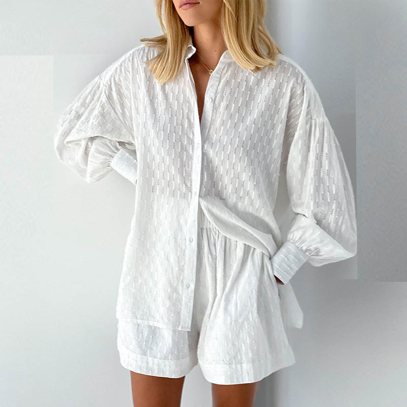2023 New Beach Shirt Shorts Two-Piece Set Women Summer Casual Tracksuit Female Loose Long Sleeve Top Suit Lounge Wear Homewear
